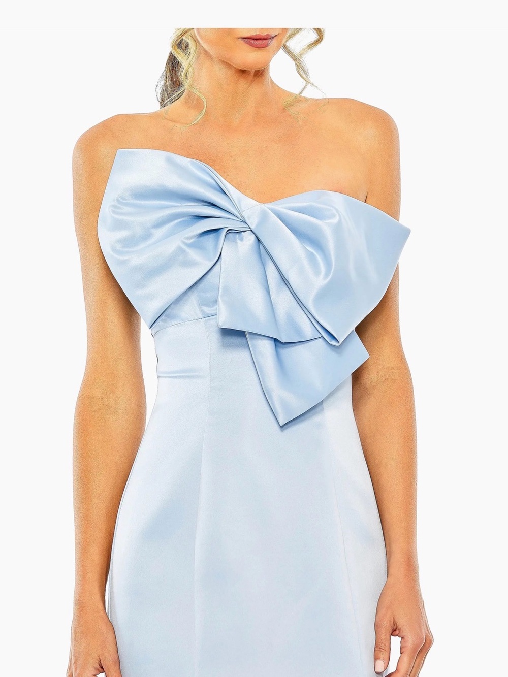Mac Duggal Strapless Light Blue Satin Gown with Oversized Bow - Picture 4 of 14